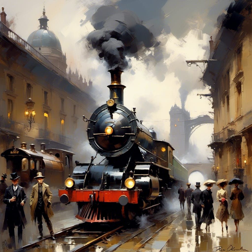 Concept art, Peaky Blinders city, iron bridge over train station with steam train, dieselpunk,