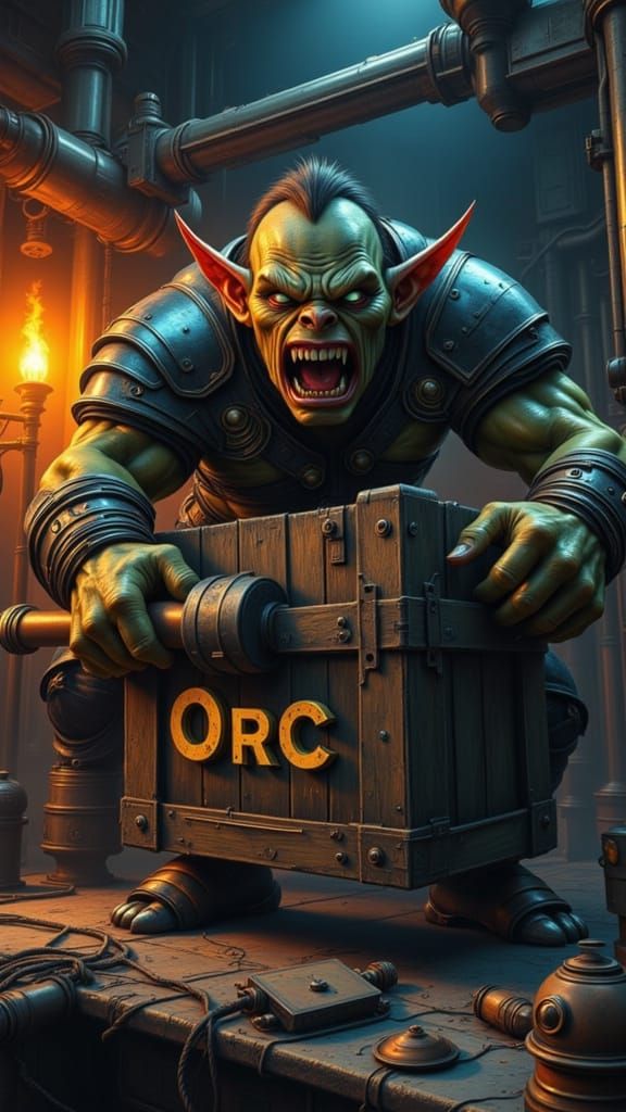 Ferocious DnD Orc Trapped in Wooden Crate, Slamming Club in ...
