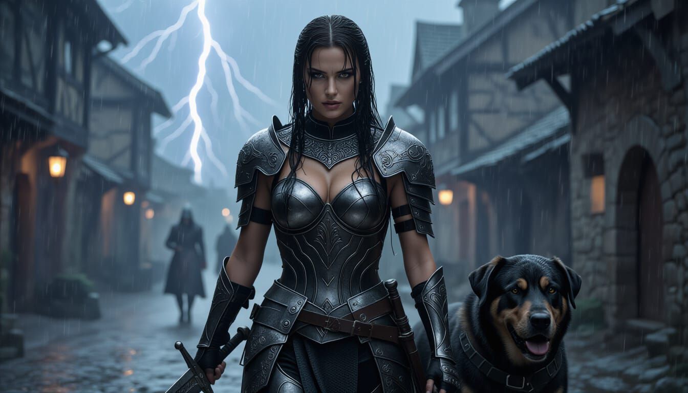 Cinematic Fantasy Warrior Portrait in Moody Rain