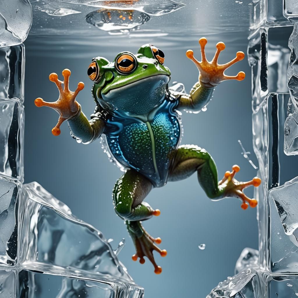 Hyper-Realistic Mid-Air Jumping Frog Frozen in Ice