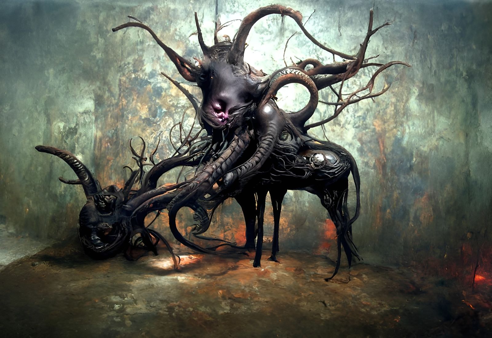 Eldritch Goat-Tree Creature in Dark Fantasy Art