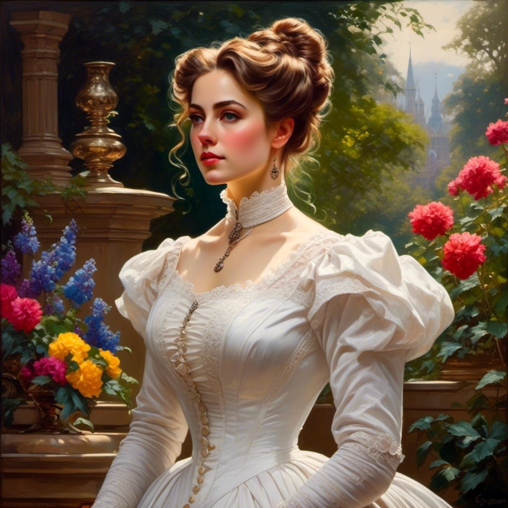 Victorian Lady in Mystic Garden, Detailed Oil Painting