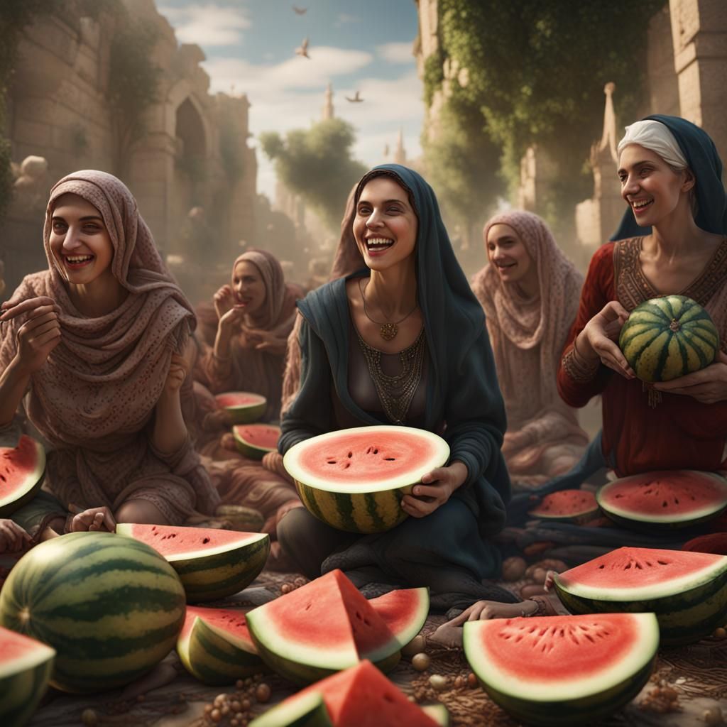 Palestinian Women Eat Watermelons as Angels Fly