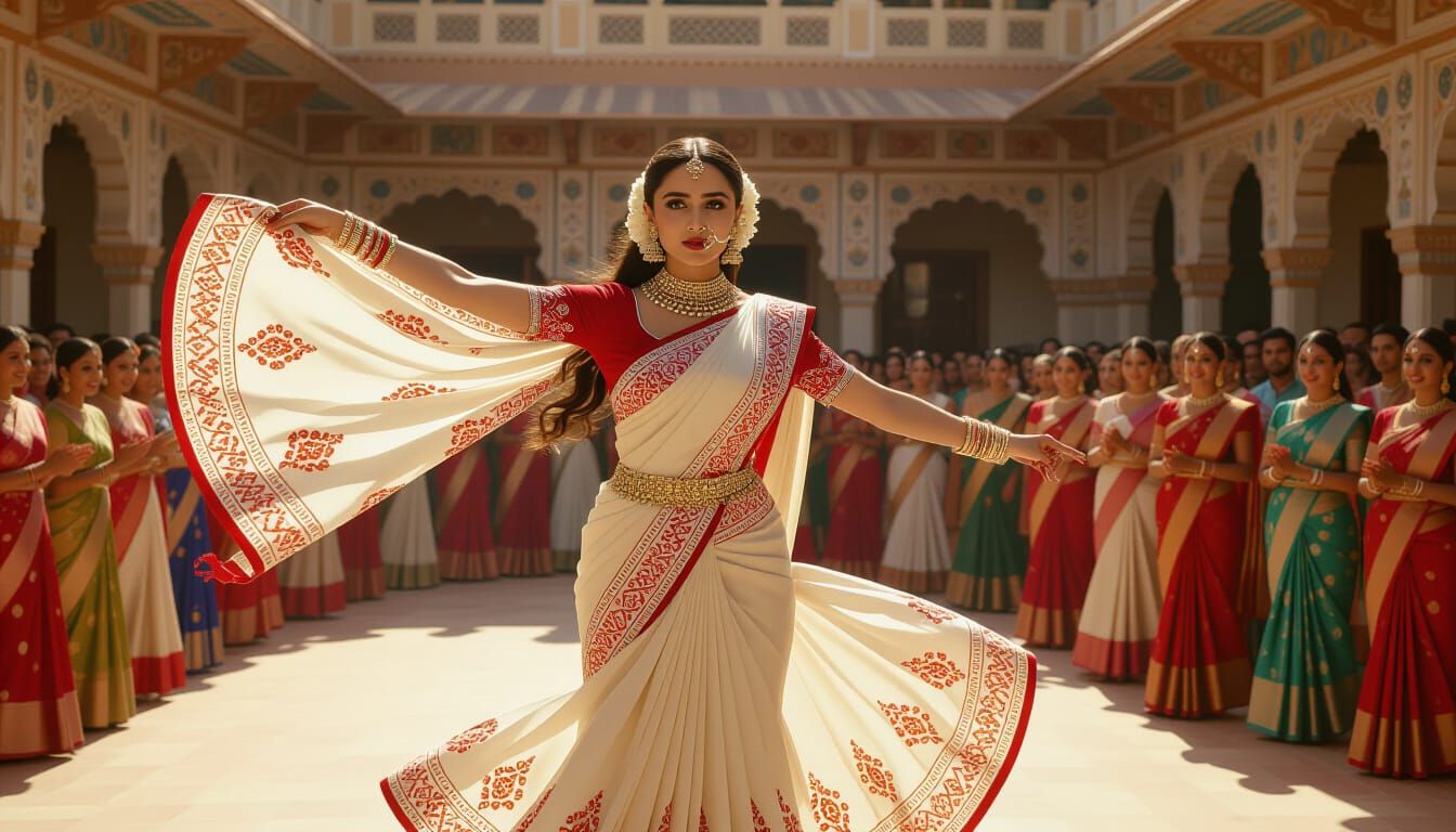 Woman in Saree Spinning, Cinematic Style