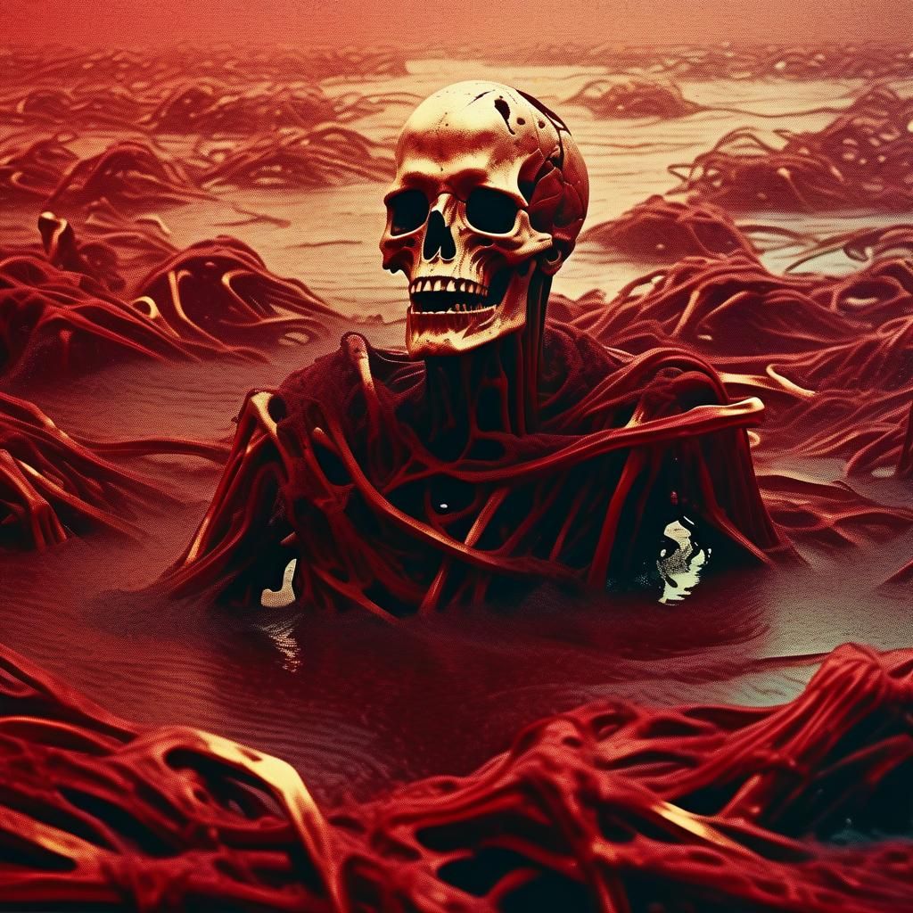 Surreal Horror Figure in Red Sea of Bones