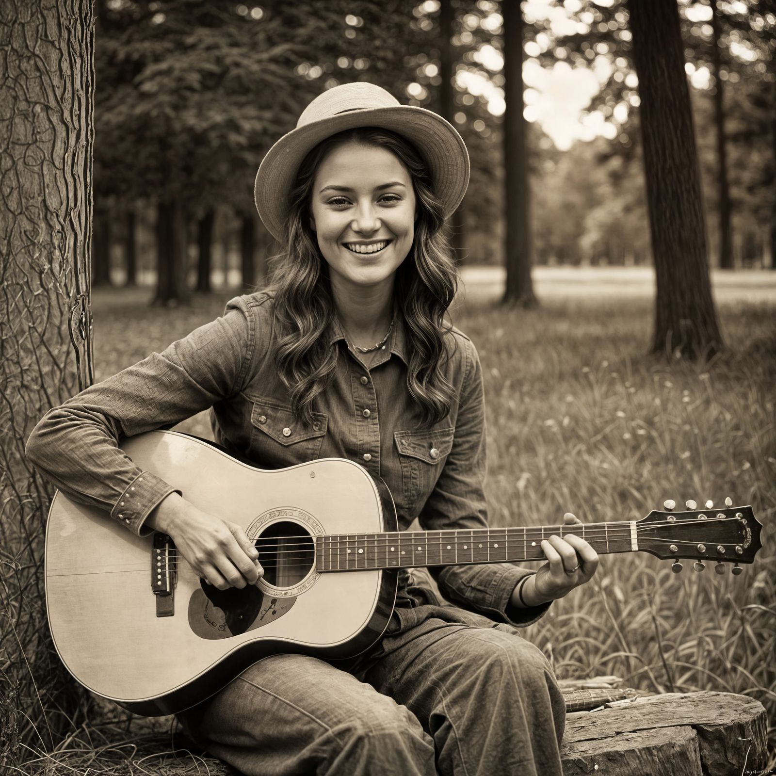 Woman Playing Guitar in Vintage Sepia Photo