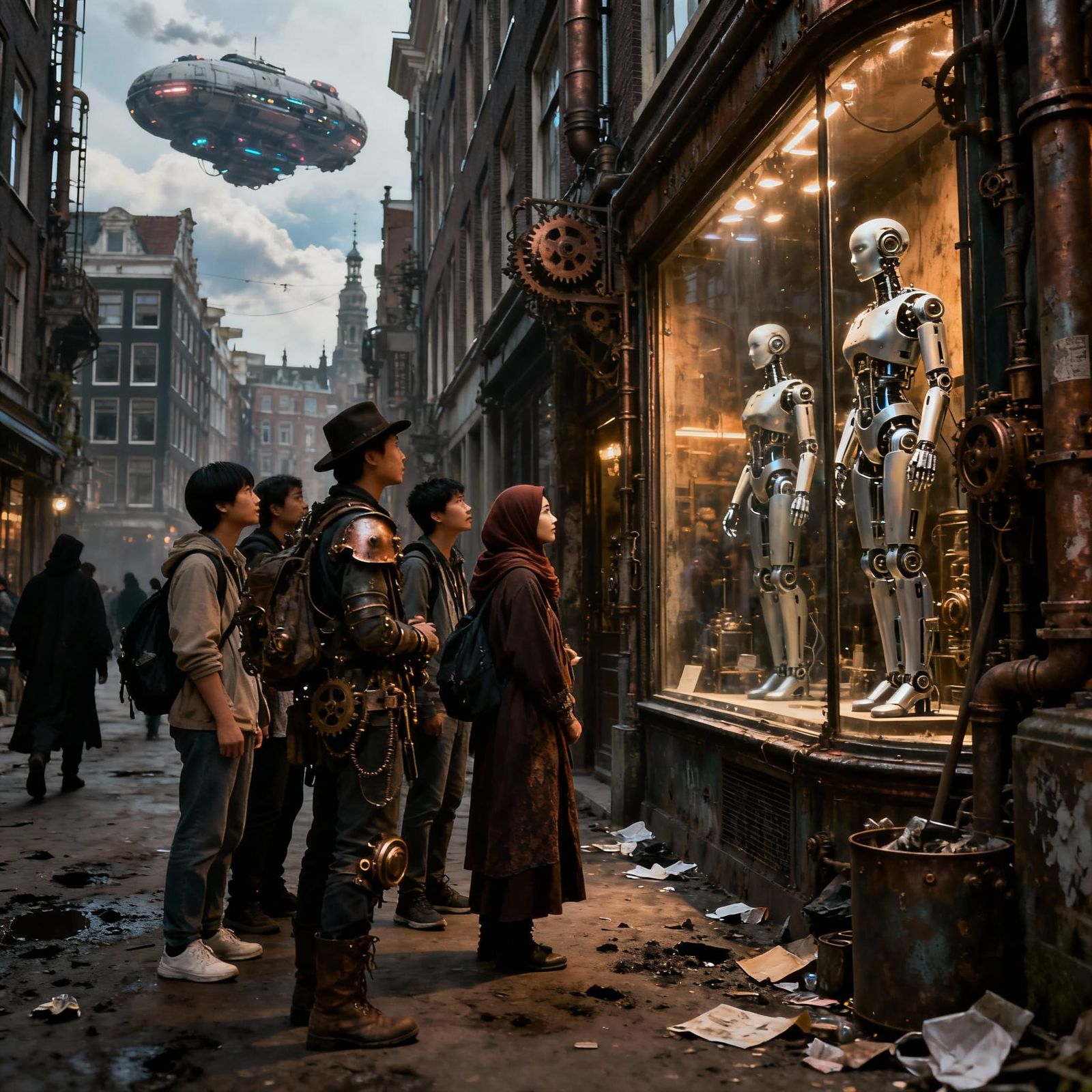 Steampunk Amsterdam 2180: Tourists Explore Cybernetic Metrop...