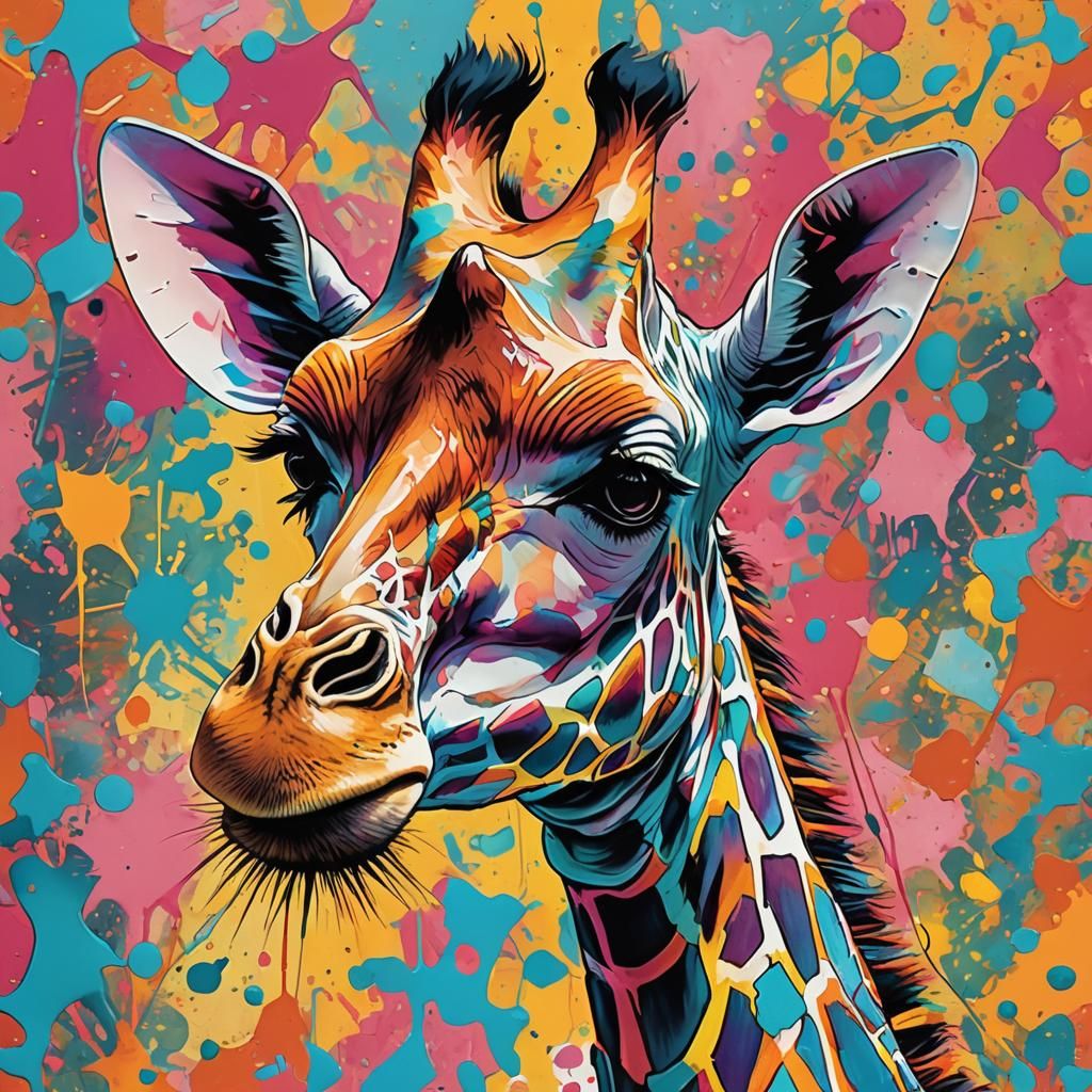 "An abstract giraffe made of layered paint splashes and patt...
