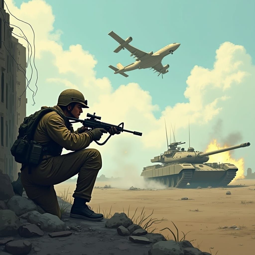 Fatigued Soldier Emerges from Wreckage in a Dystopian Urban ...