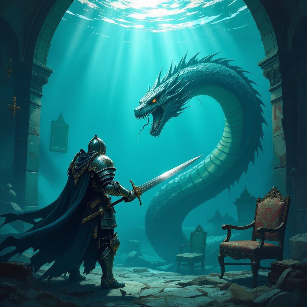 Knight's Underwater Battle with Sea Serpent in Dark Fantasy ...
