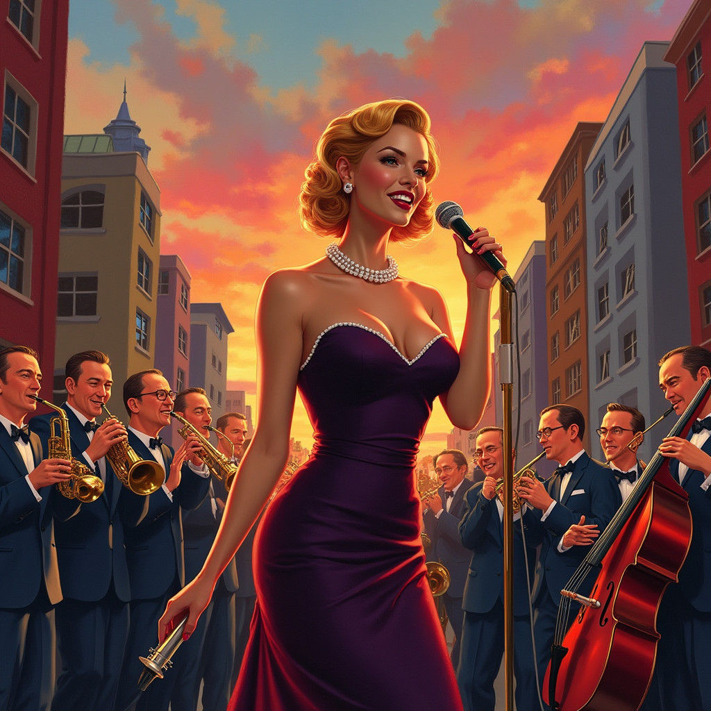 1950s Jazz Singer in Cityscape, in Rockwell Style