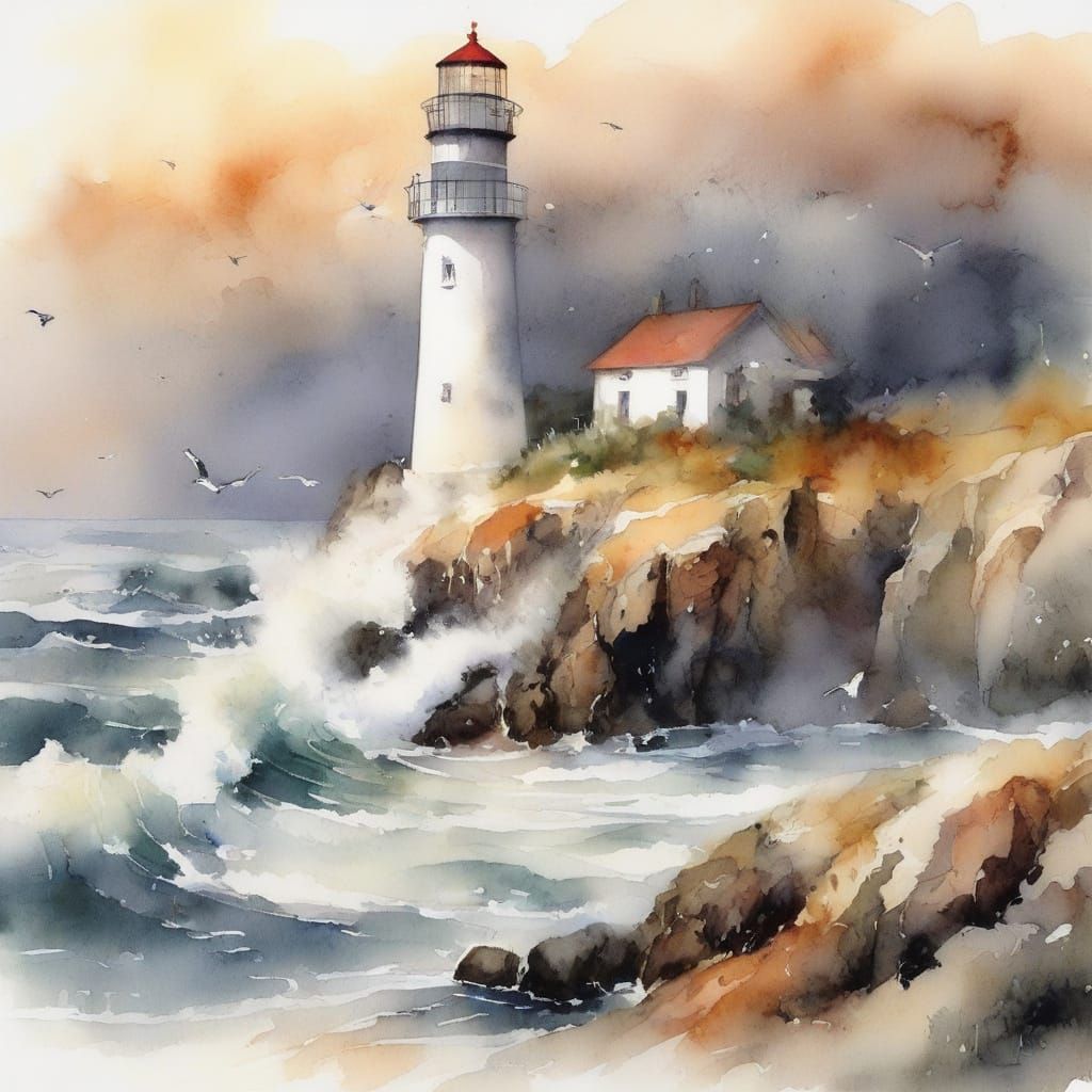 Golden Hour Coastal Lighthouse in Whimsical Watercolour Styl...