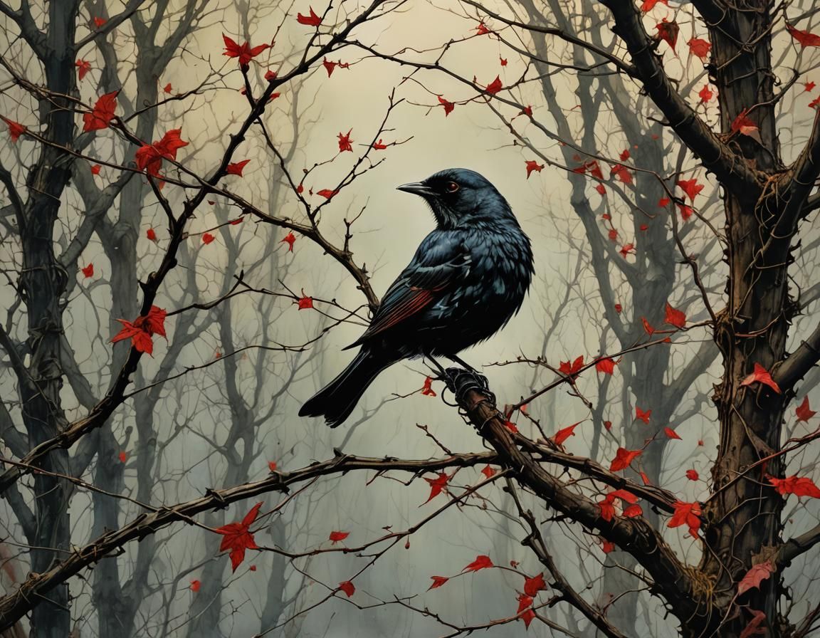 Blackbird in Leafless Branches: Arthur Rackham Style