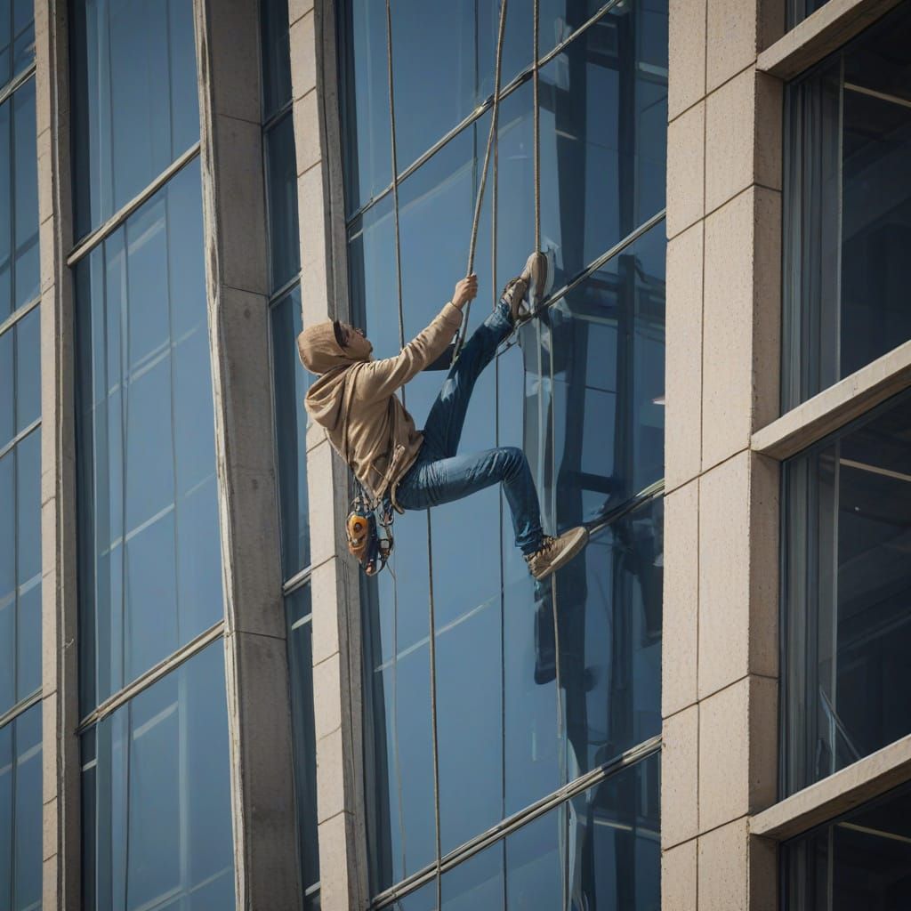 Rooftop View of Window Cleaner on High-Rise Building