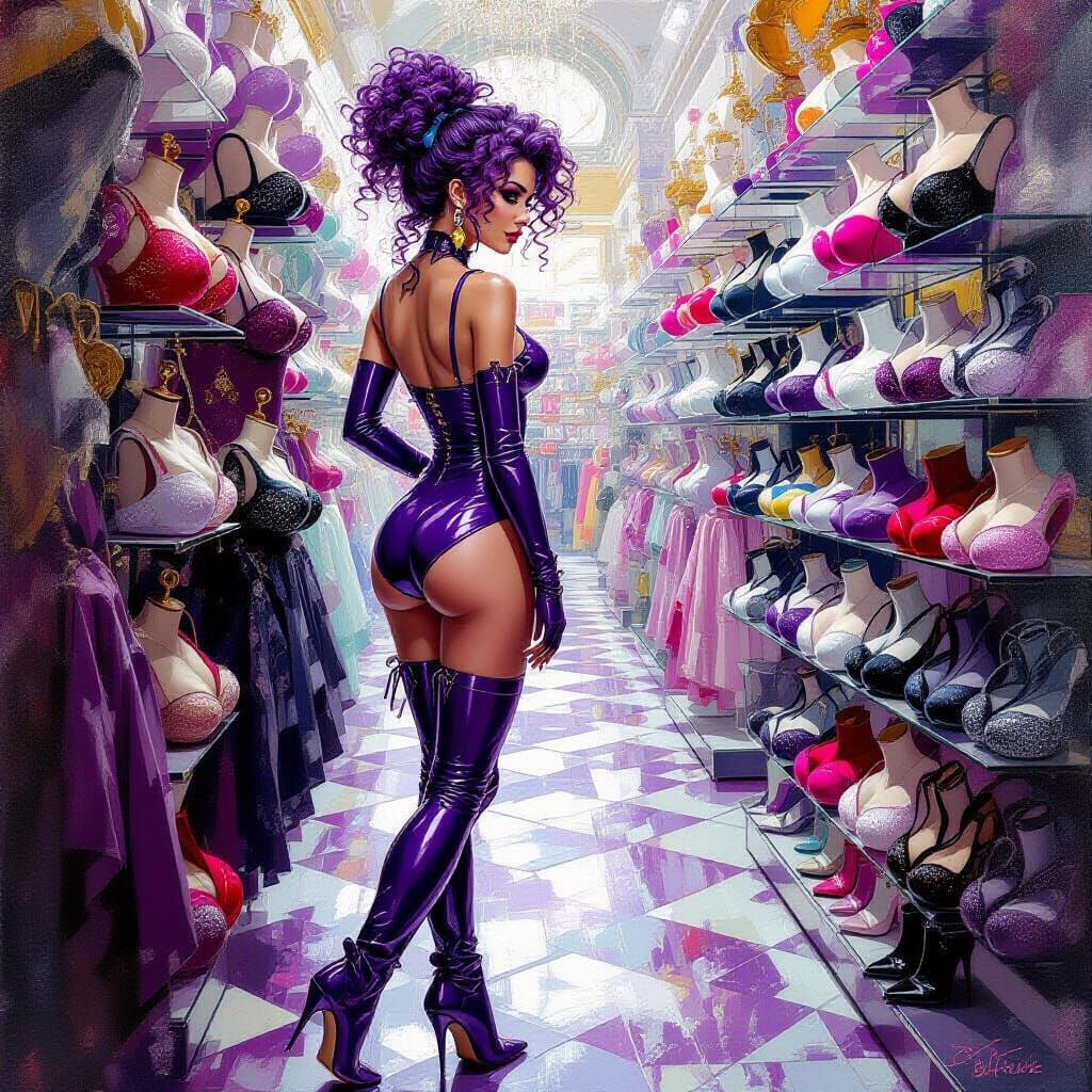 Fantasy Oil Painting: Woman in Purple Latex Shops for Linger...