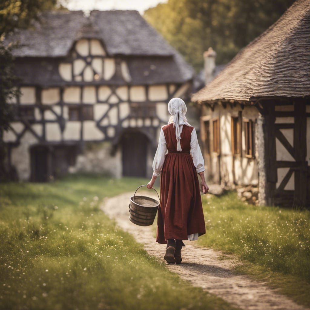 Medieval Peasant Woman with Bucket, Professional Photography