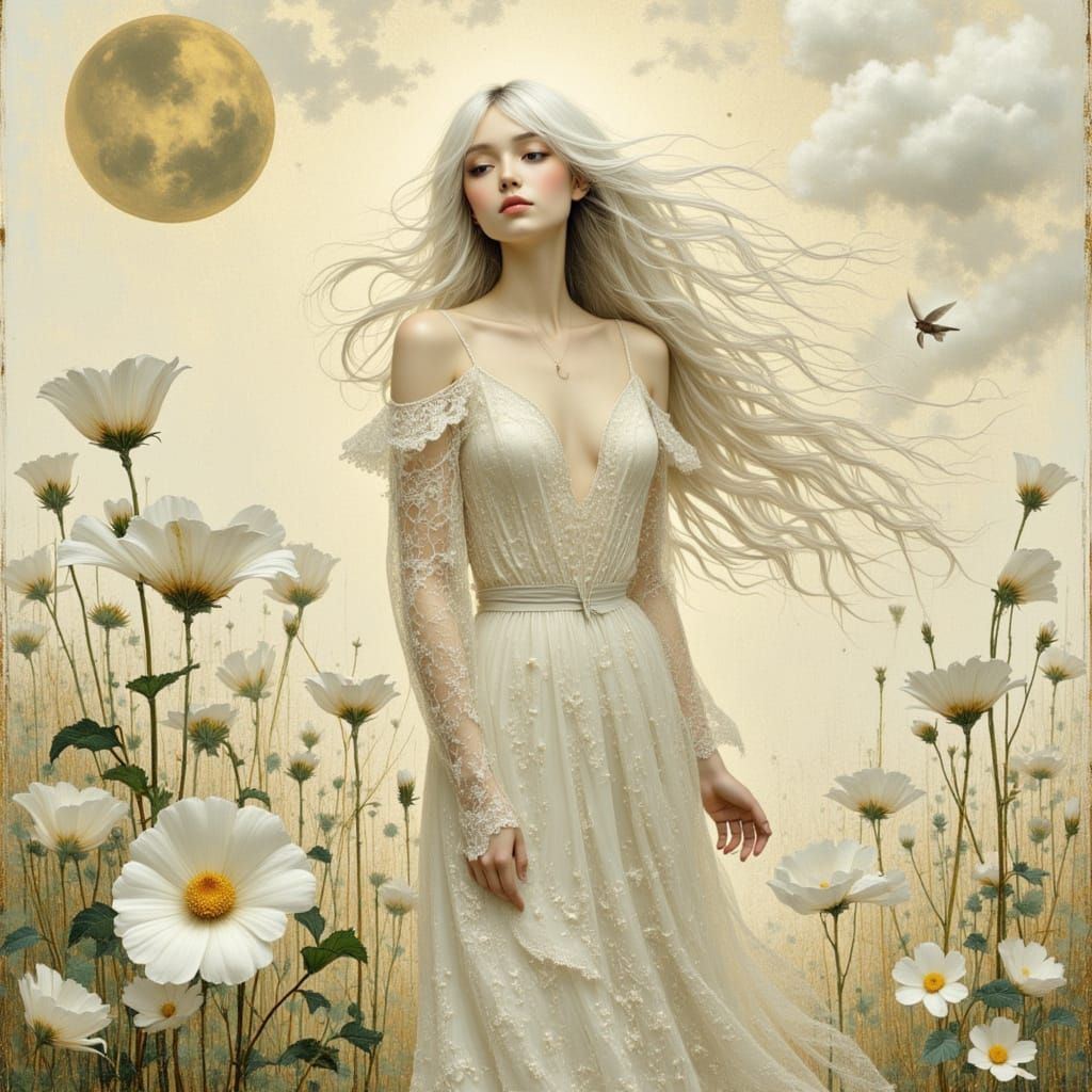 Ghostly Woman in Floral Dreamscape: Watercolor Style