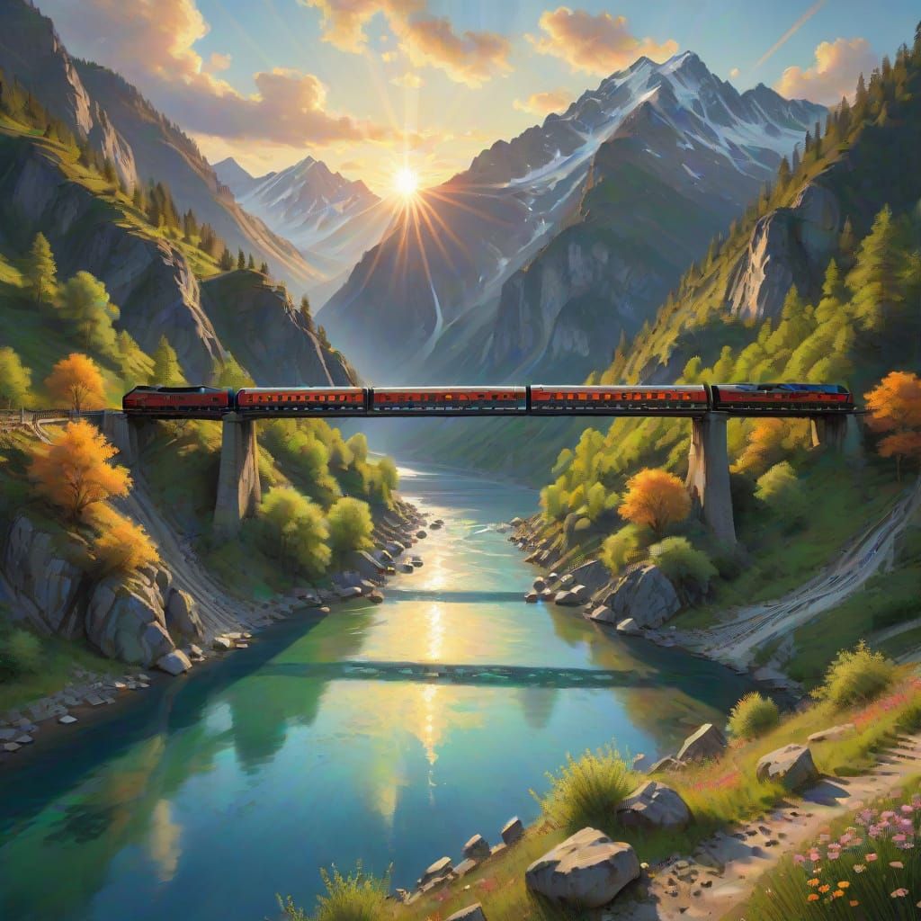 Impressionist Masterpiece: Train Crossing Mountain Bridge at...