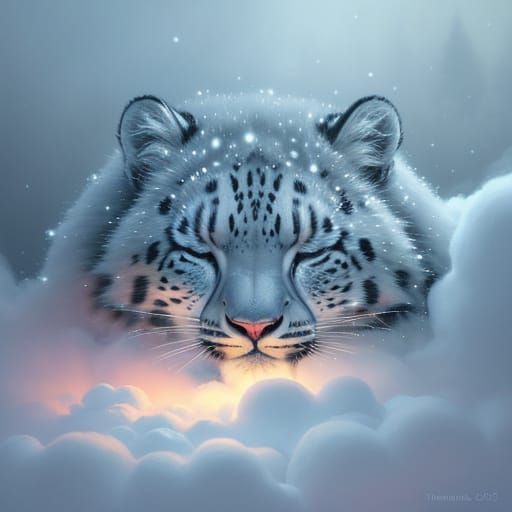 Whimsical Snow Leopard in a Dreamy Marshmallow Cloudscape