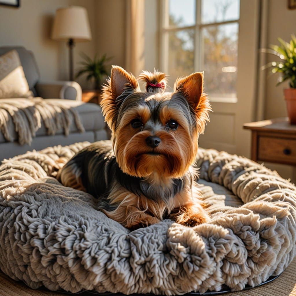 Yorkie in Cozy Sunlit Dogbed