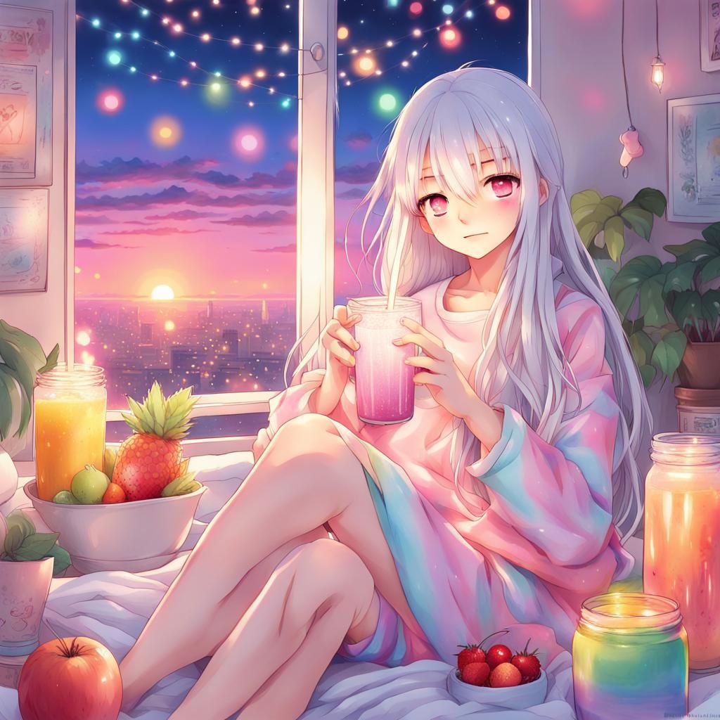Anime Girl in Pastel Pajamas Enjoying Sunset