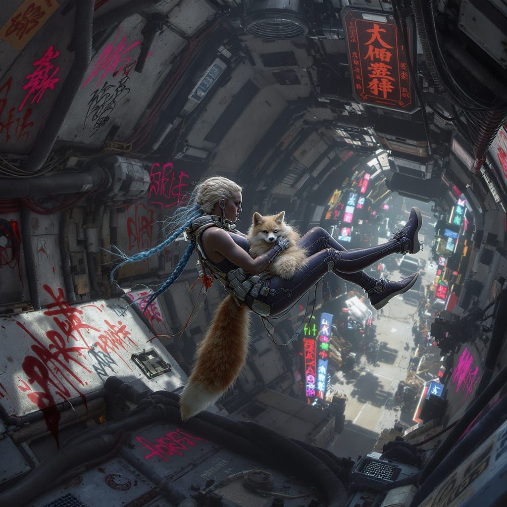 Cyberpunk Woman Cradling Fox in Dieselpunk Spaceship