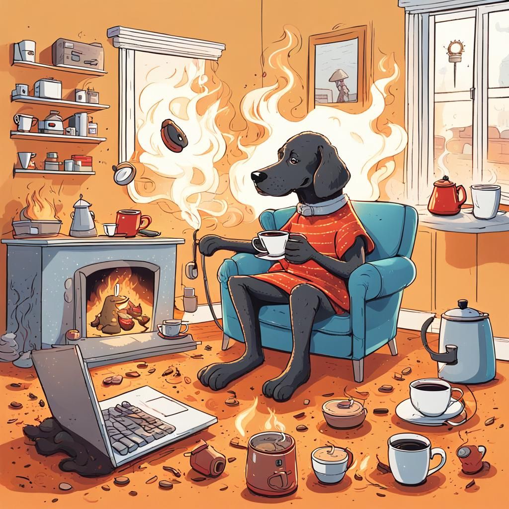 Dog having breakfast in burning living room