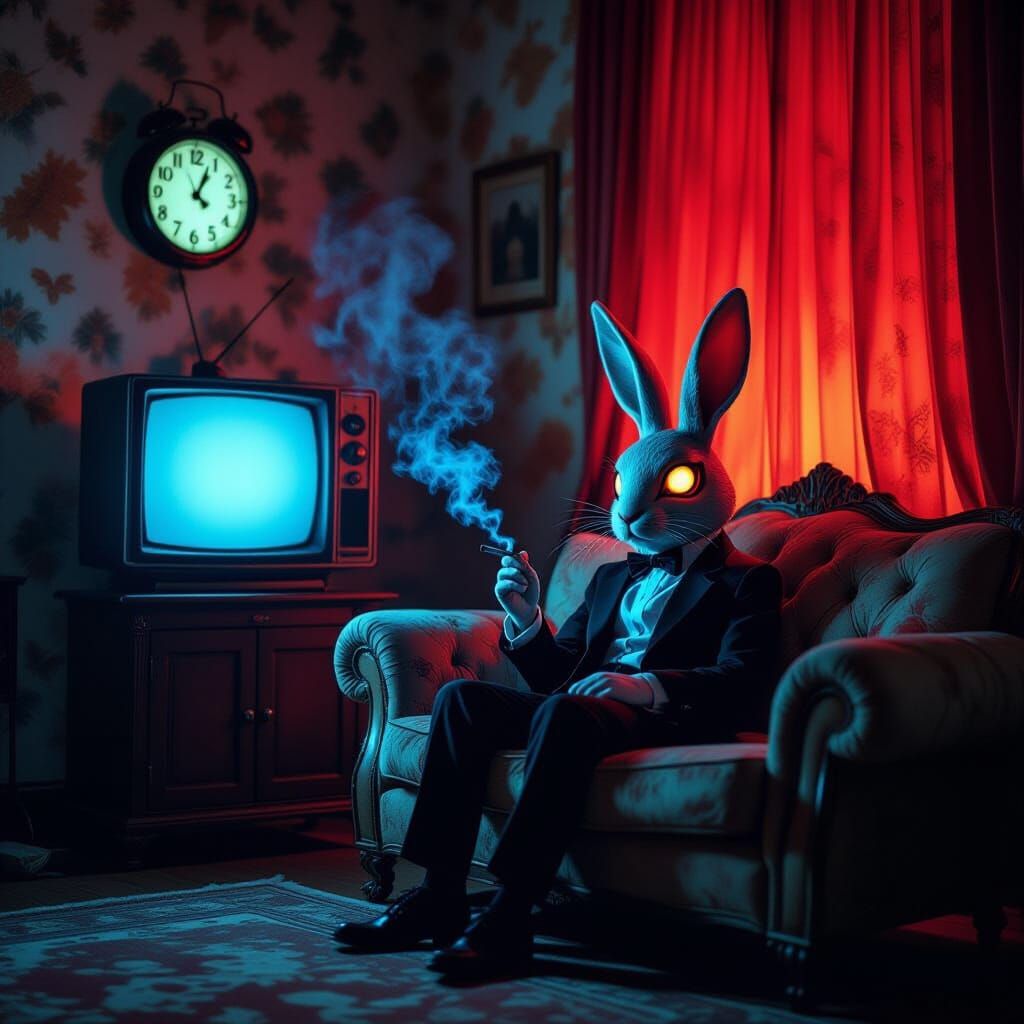 Eerie Retro Living Room With Rabbit, Lynchian Style