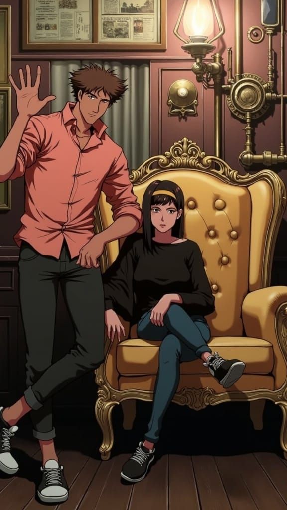 Steampunk Gentleman and Lady Relax in Luxurious Ballroom