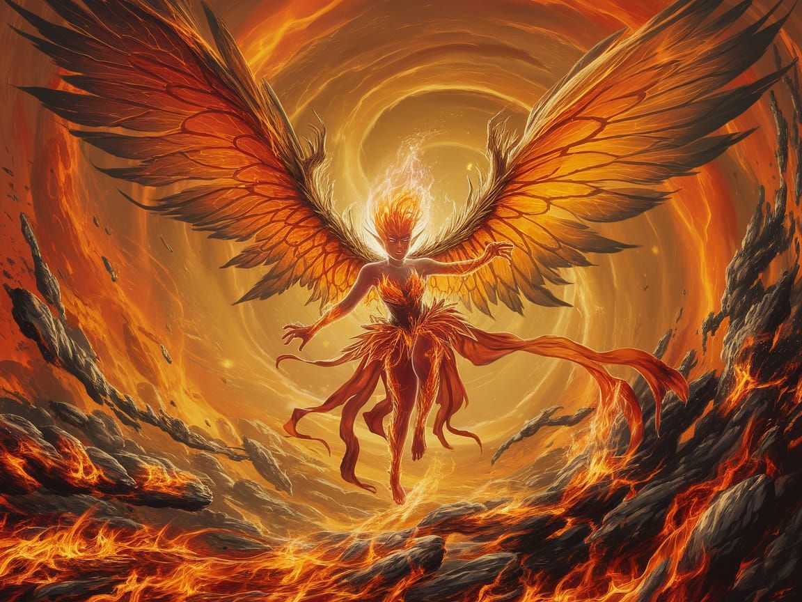 Ethereal Fire Fairy Amidst Swirling Flames