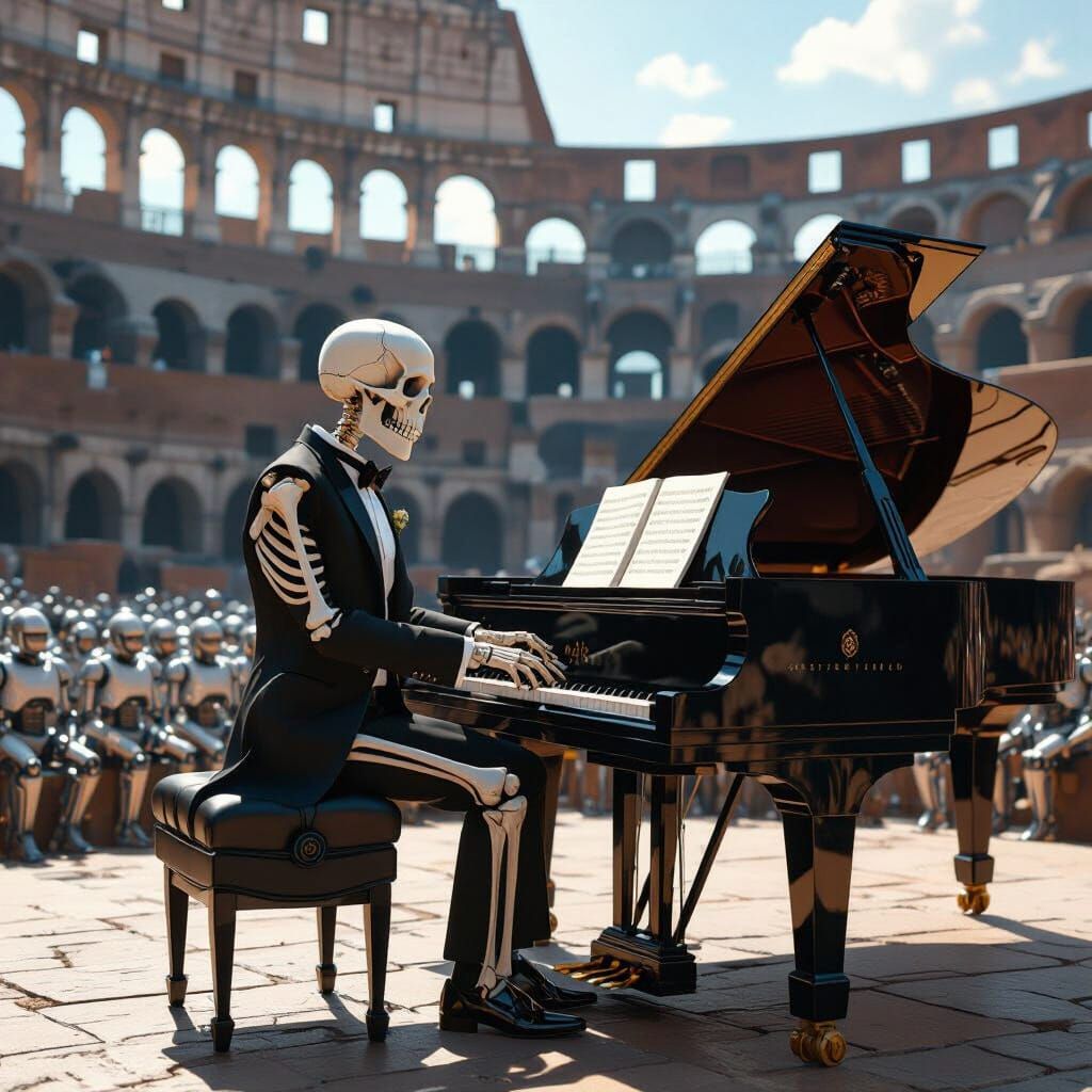 Skeleton Dragon Plays Piano for Robot Crowd