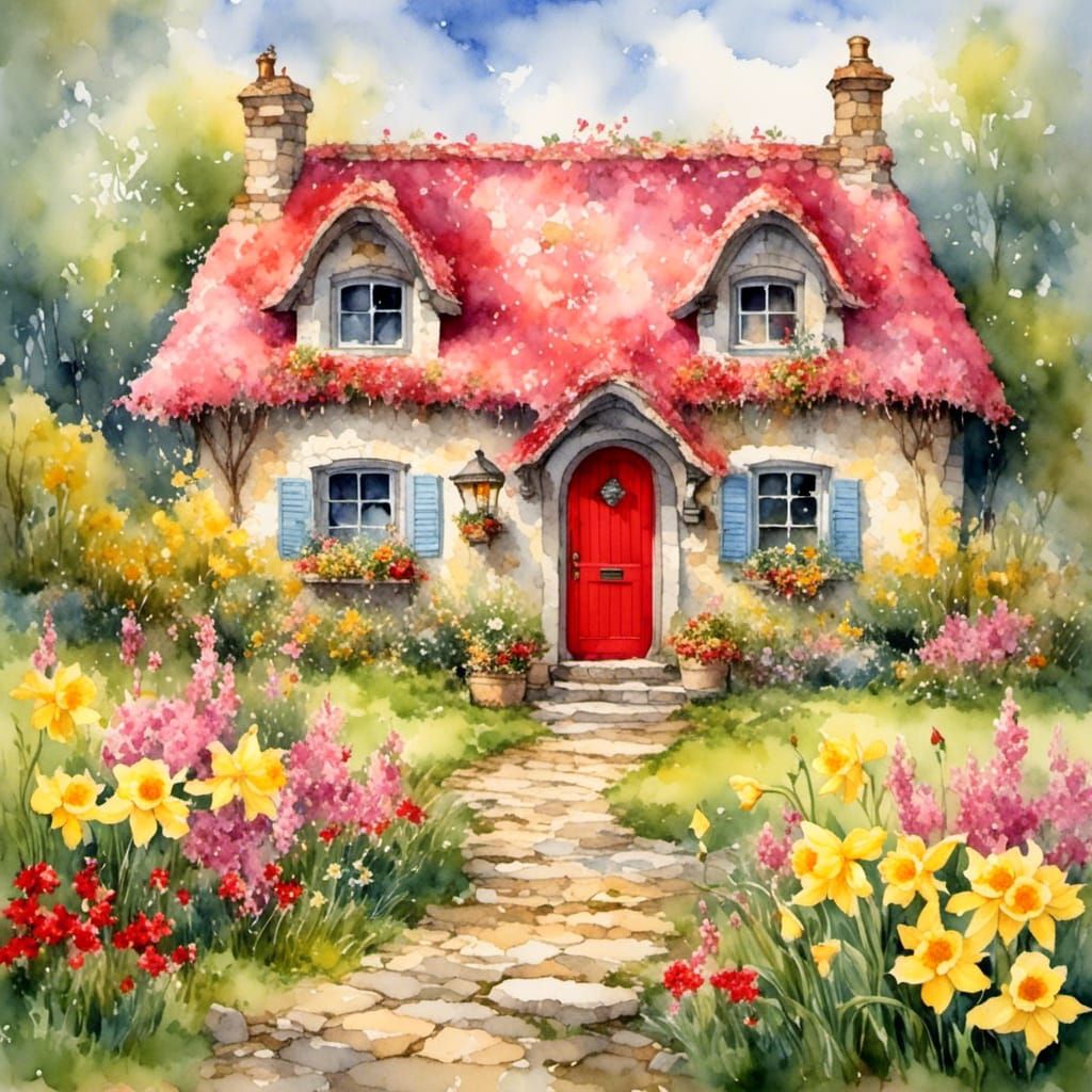 Charming Thatched Cottage with Roses and Daffodils