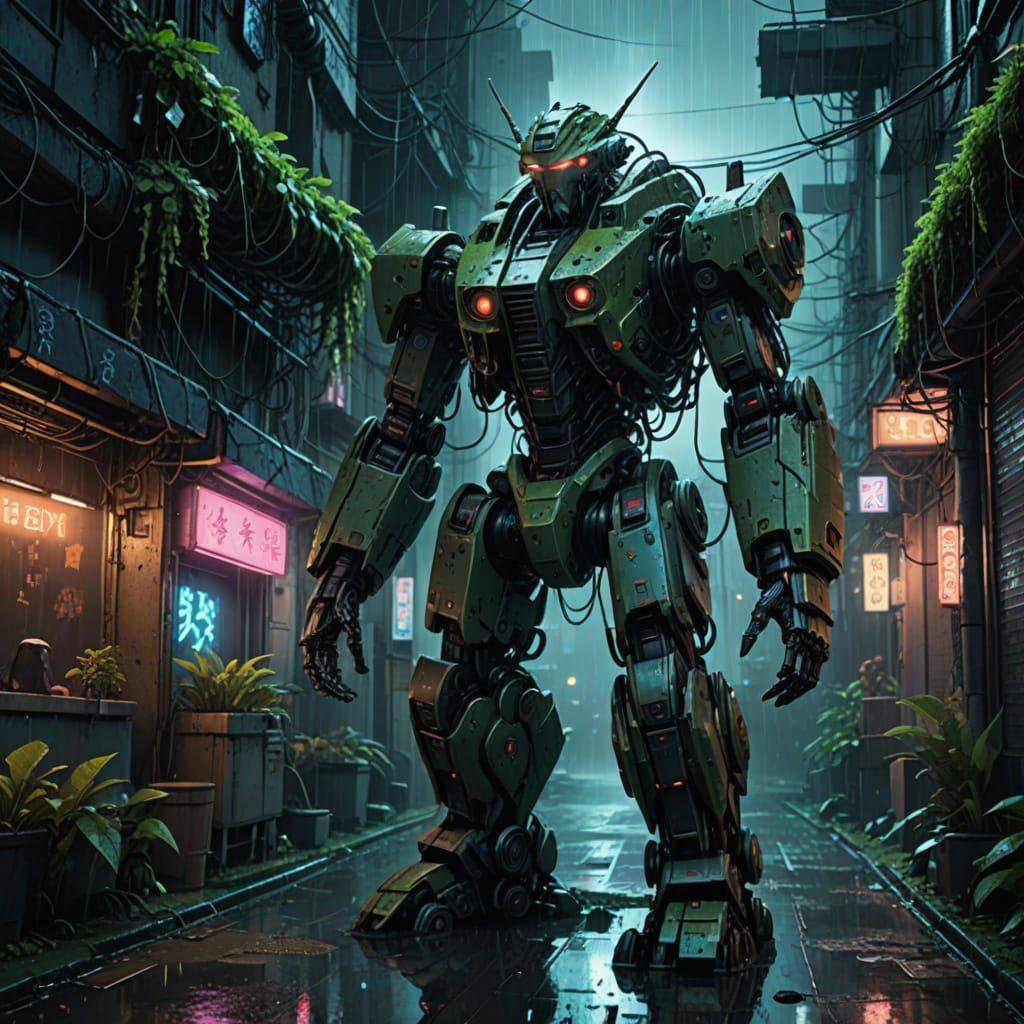 Ancient Robot Awakens in Neon Cyberpunk Alley
