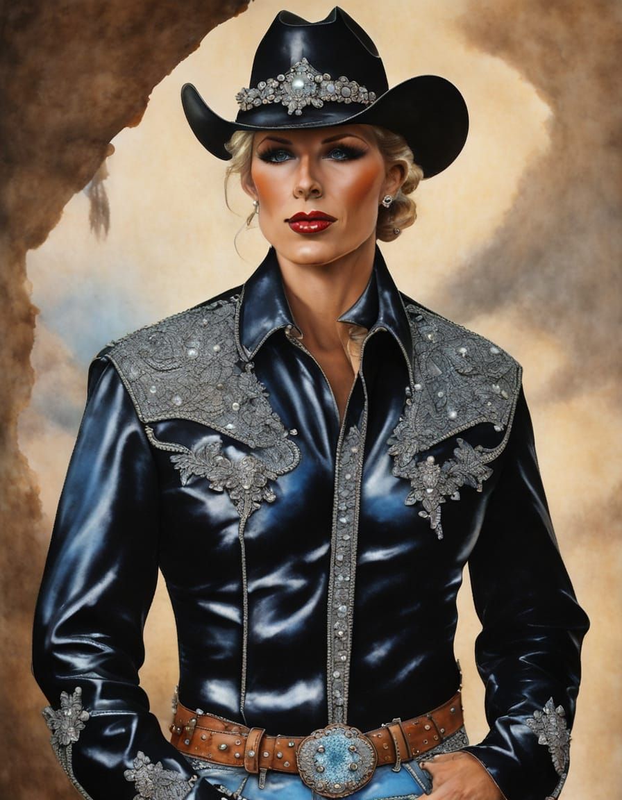 Cowgirl Portrait in Blue and Cow Print Style