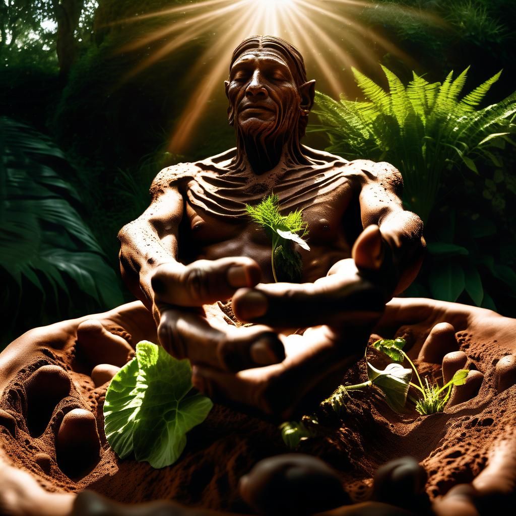 Celestial Hand Sculpting a Man's Face in Garden