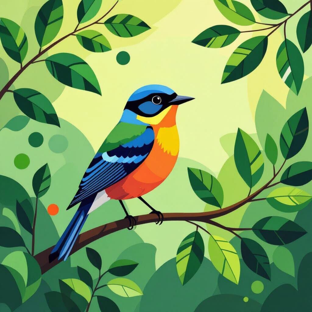 Vibrant Bird on Branch in Geometric Style