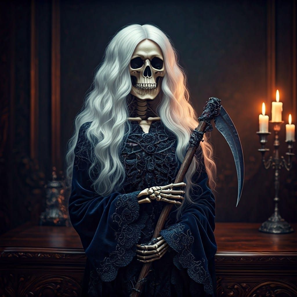 Gothic Victorian Skeleton with Scythe and Roses