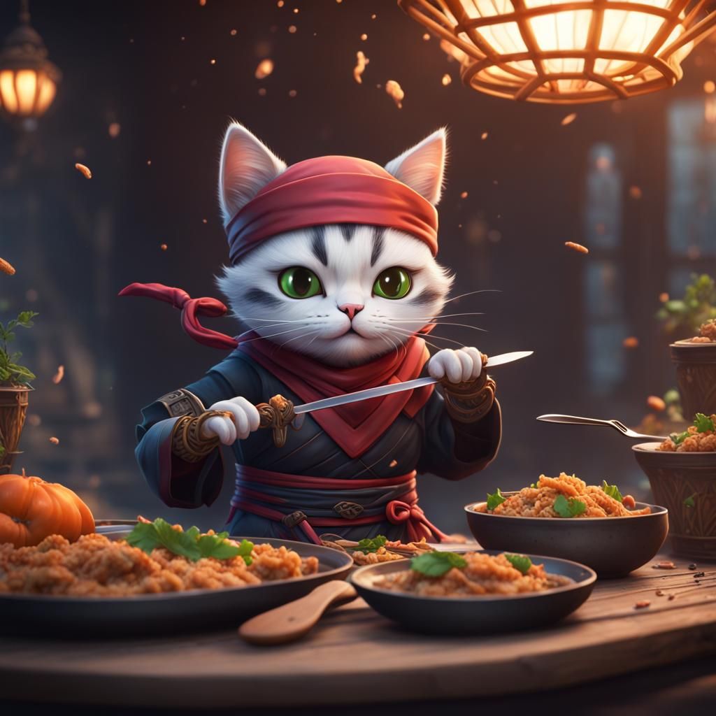 Cute Ninja Cat Steals Dinner in Detailed Painting