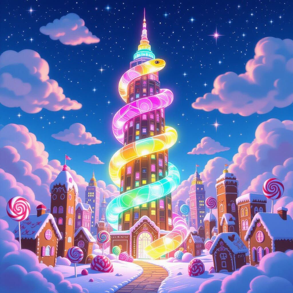 Gummy Serpent Coils Around Candy Skyscraper in Whimsical Sty...