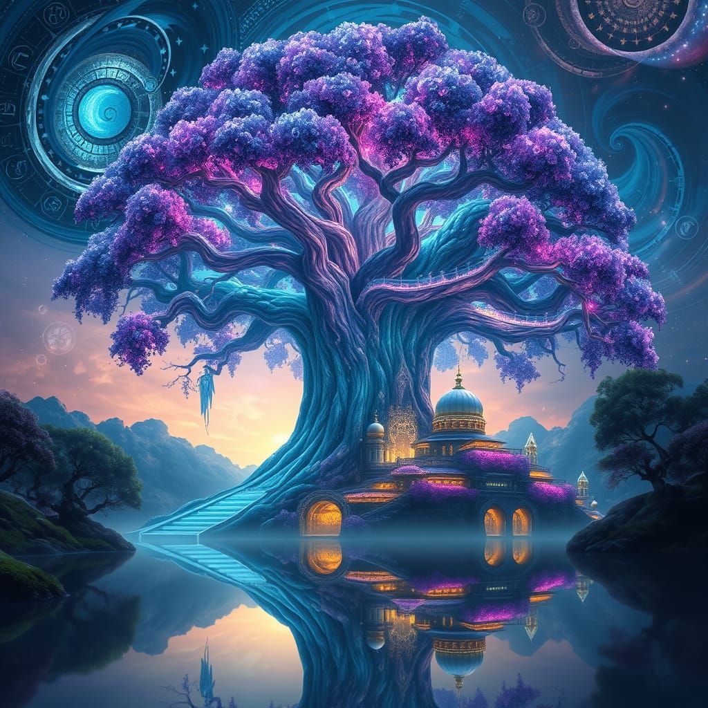 Mystical City Under Ancient Bioluminescent Tree Canopy