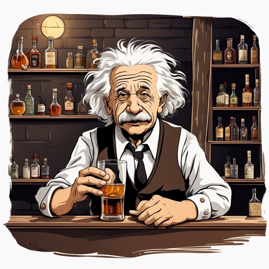 Angry Einstein Drinks Whiskey at a Bar