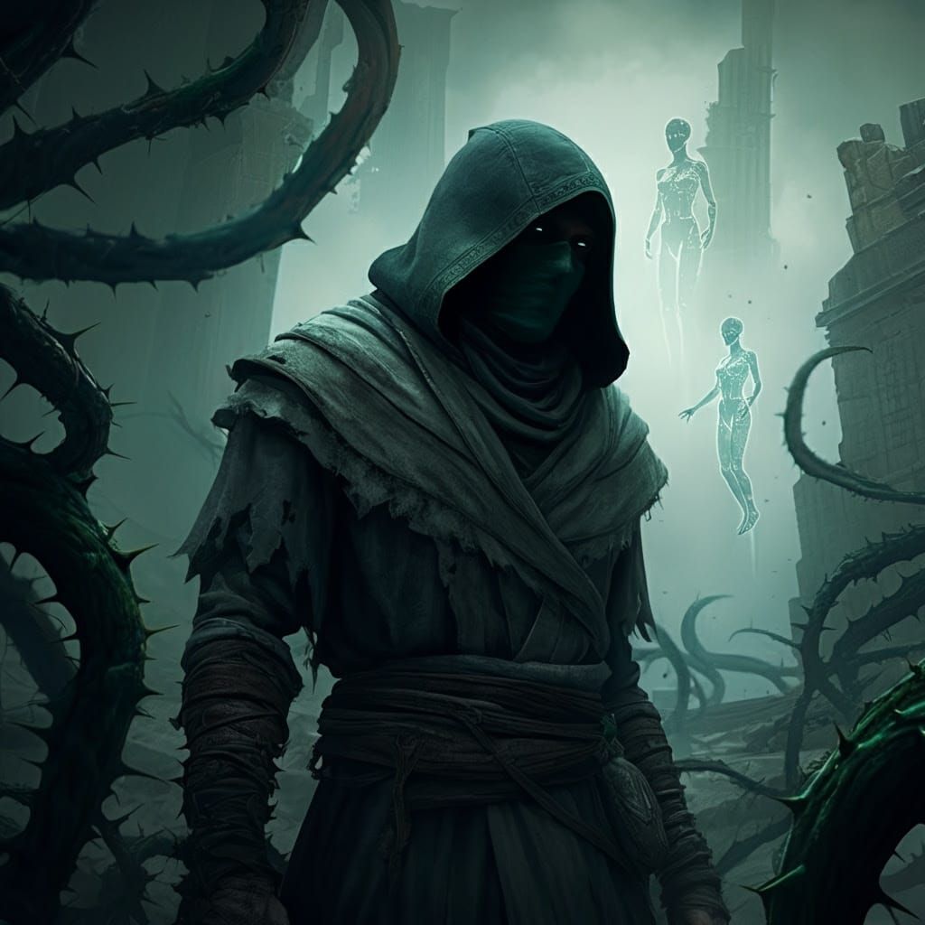 Elegant Horror Figure in Dark Fantasy Landscape