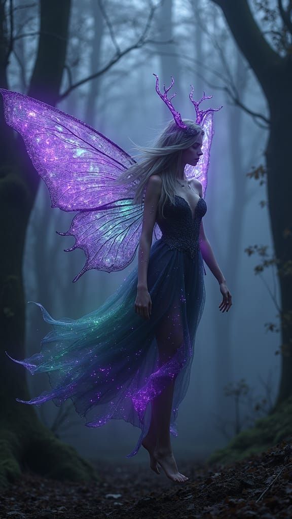 Ethereal Dark Fairy in Twilight Forest, Fantasy Art