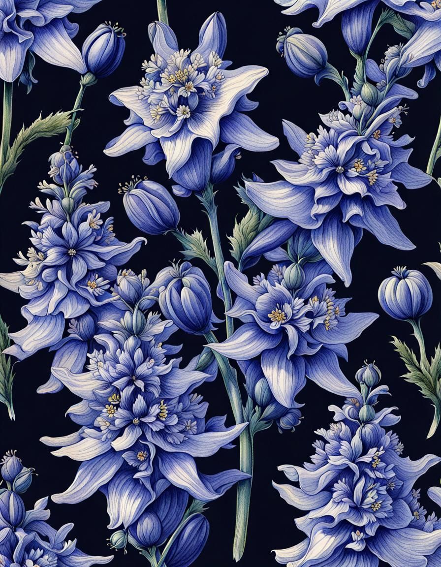 Botanical Ink Sketch of Delphinium Flowers