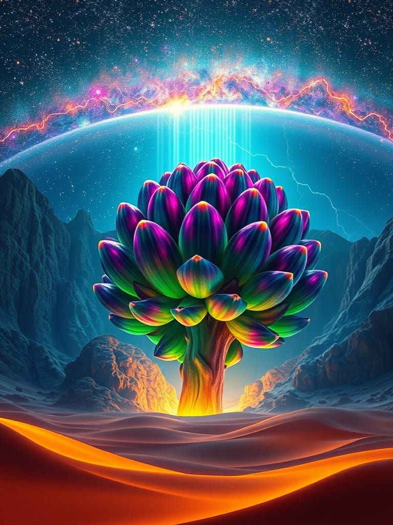 Ancient Artichoke Monolith in Hyperrealistic Desert Galaxy