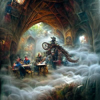 Ethereal Fantasy Steampunk Engine in Thomas Kinkade Style