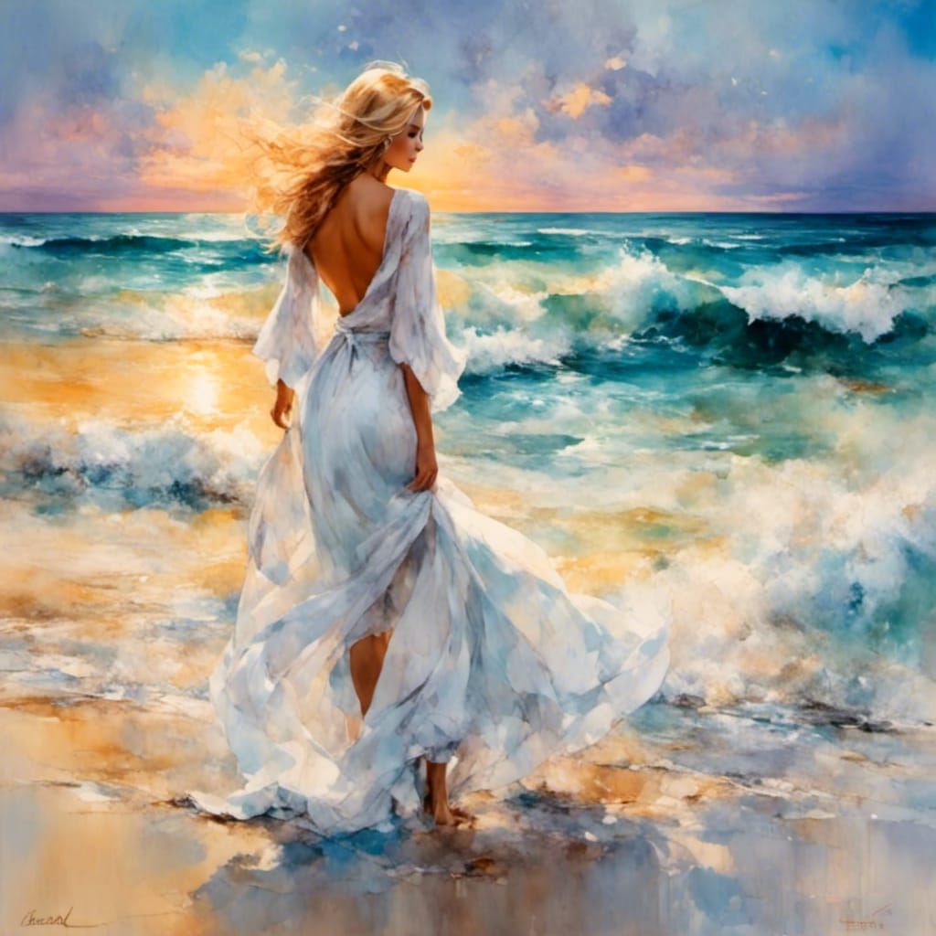 Divine Blonde Woman by the Ocean