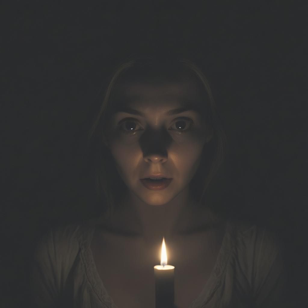 Horrified Woman with Candle in Darkness