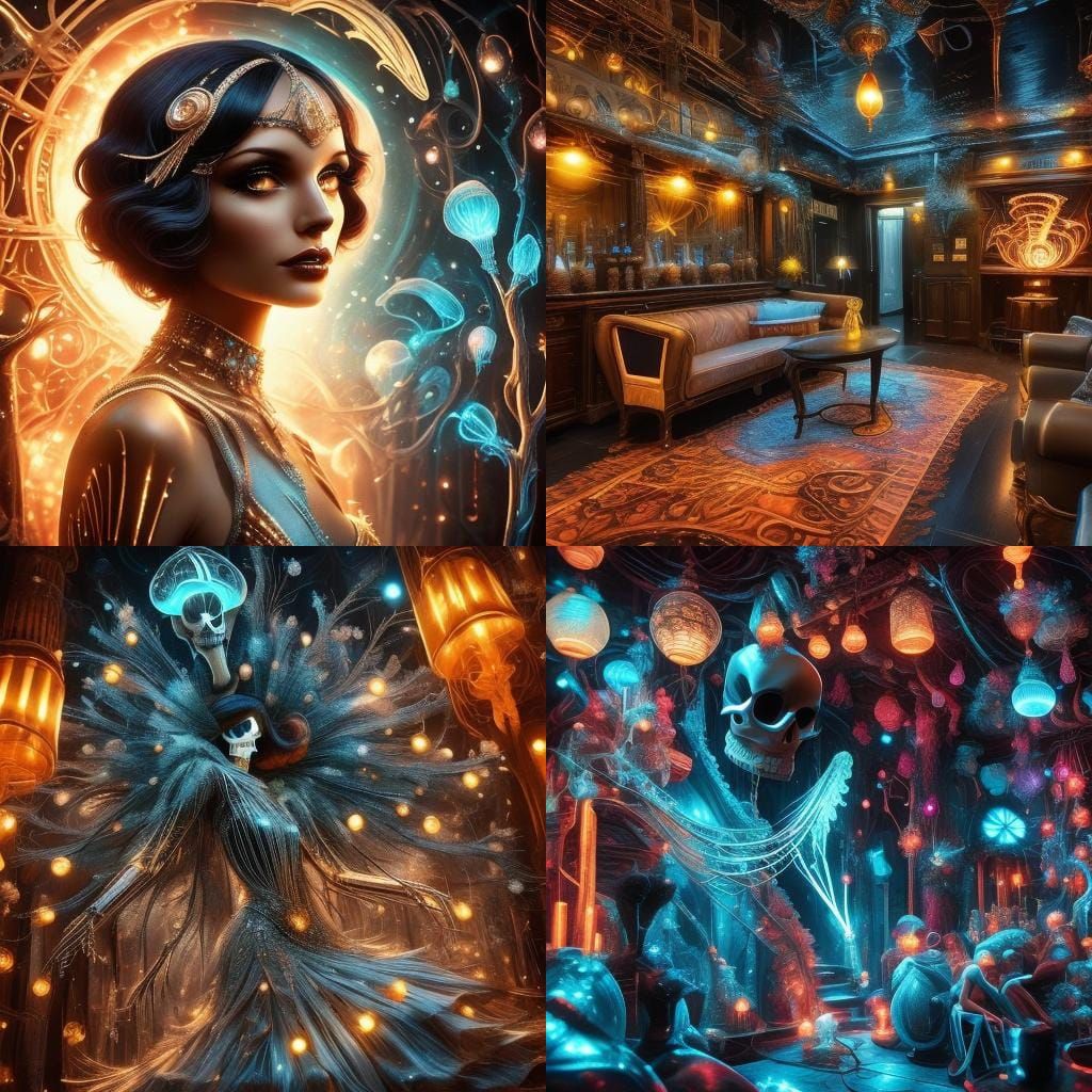 Flapper with Neon Skeleton in 1920s Speakeasy