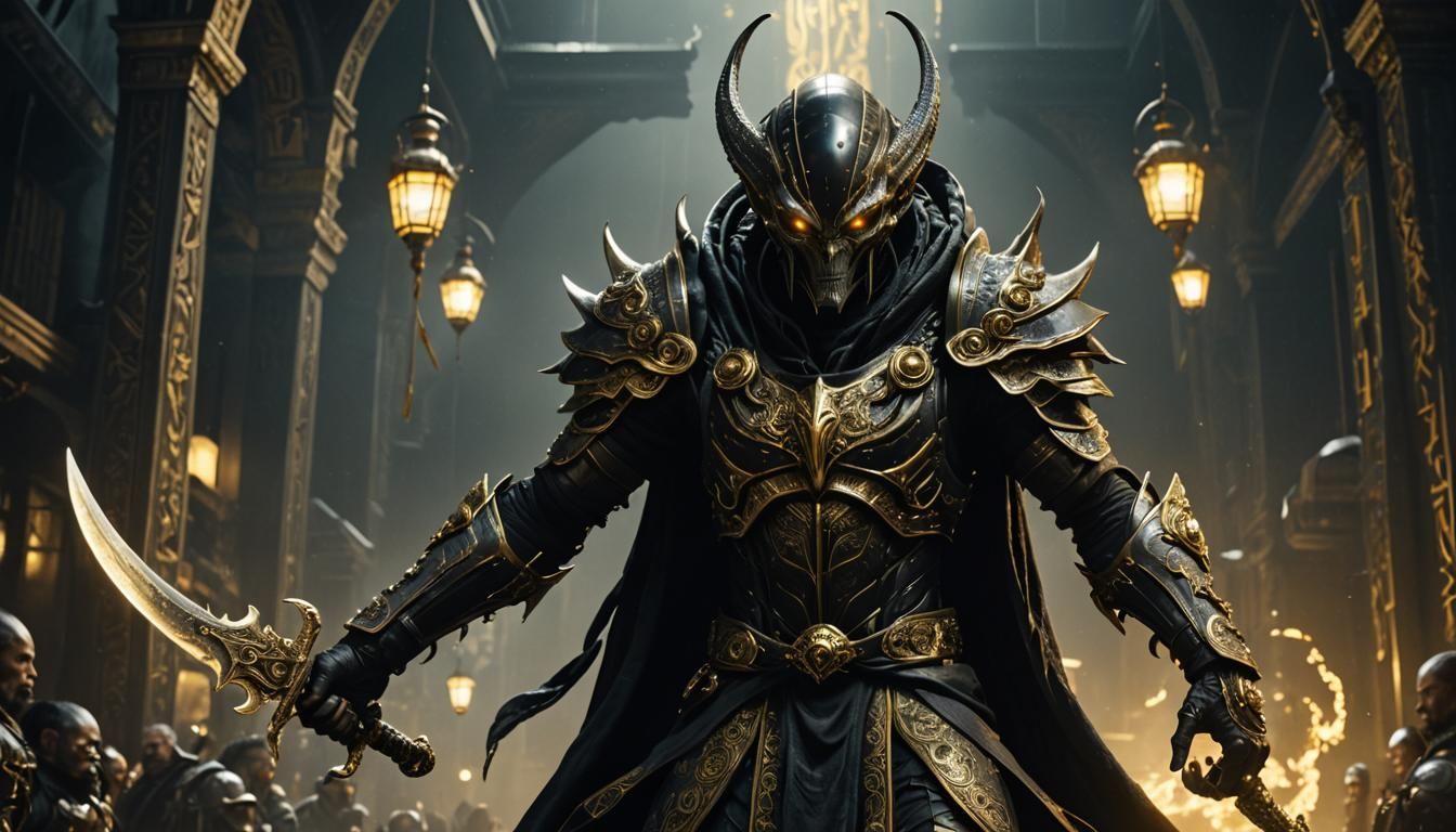 Towering Alien Warrior with Daggers: Cinematic Film Still